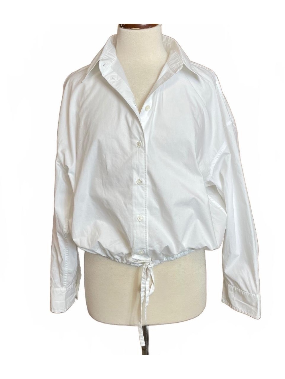 Madewell Drawstring Button-Up Shirt in white cotton adjustable cinched hem Med